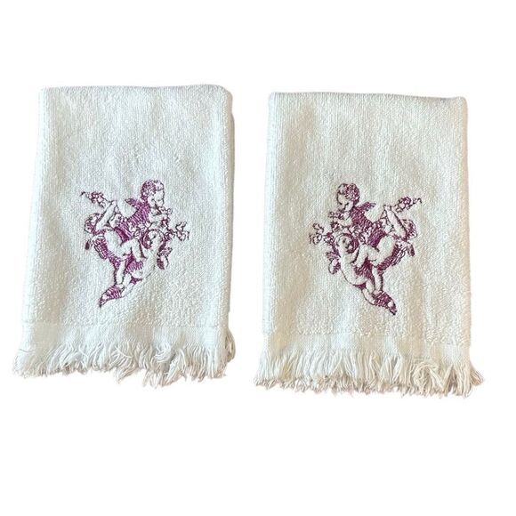 Vintage Embroidered Cherub White Towel Set - Picture 1 of 6